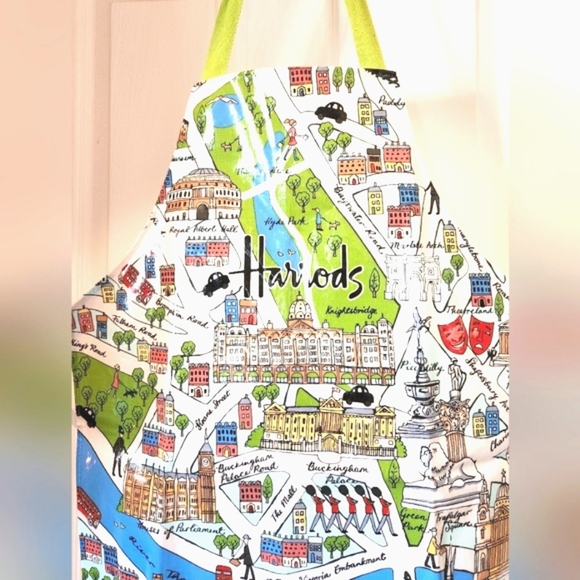 HARRODS Vtg London UK Map Dept Store Oil Cloth Easy Wipe Souvenir Tie Chef Apron - Picture 2 of 16